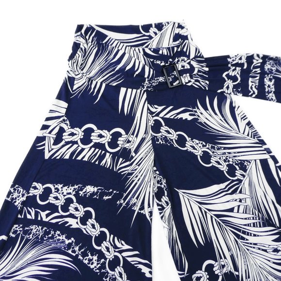Resort Wear Navy Palazzo Pants NEW High Waist Ruched Tie Buckle Flare White L - Picture 3 of 11